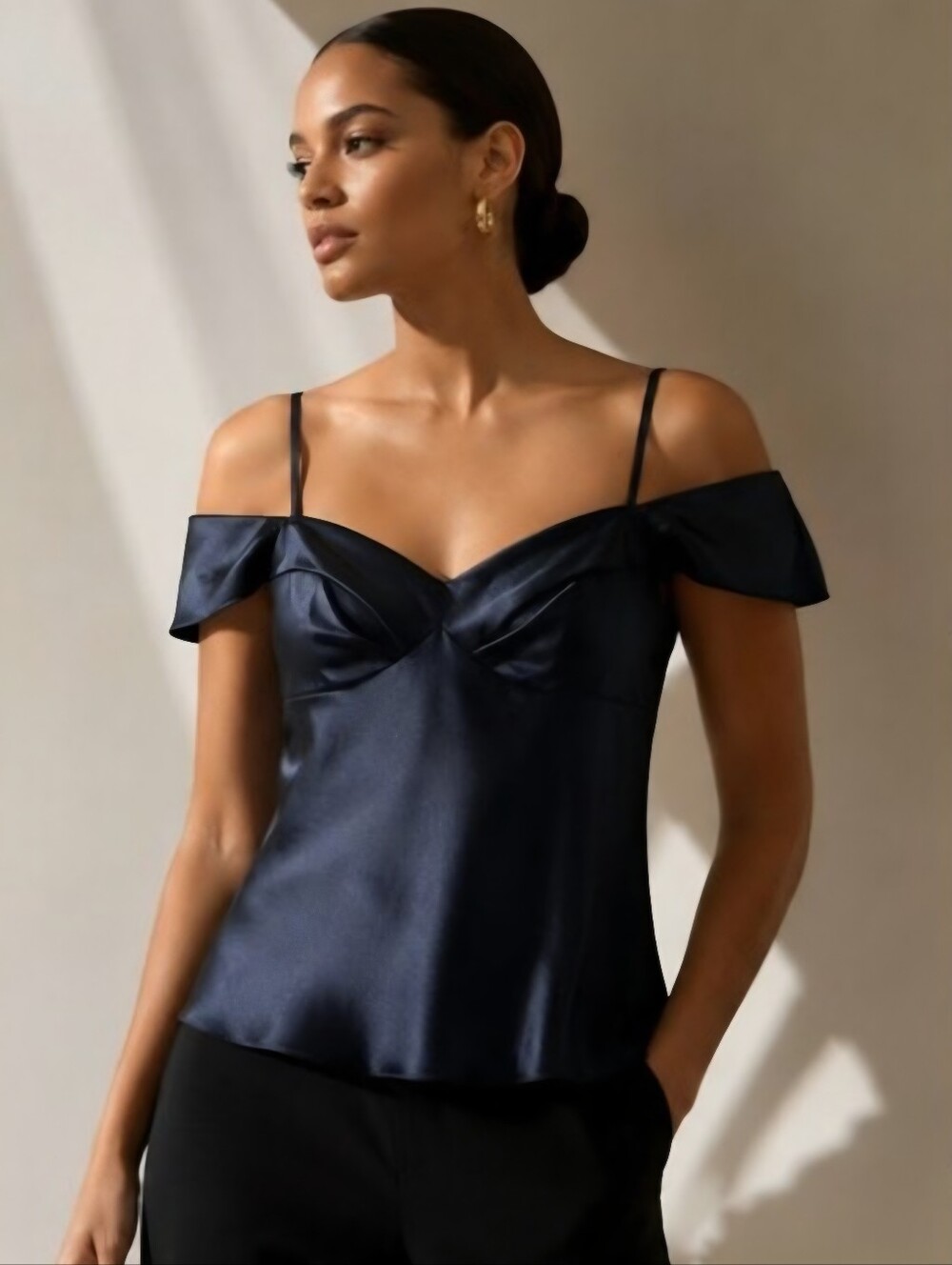 Theory Peek Cami Top NWT Size 10 Navy Blue Satin Off Shoulder Quiet Luxury